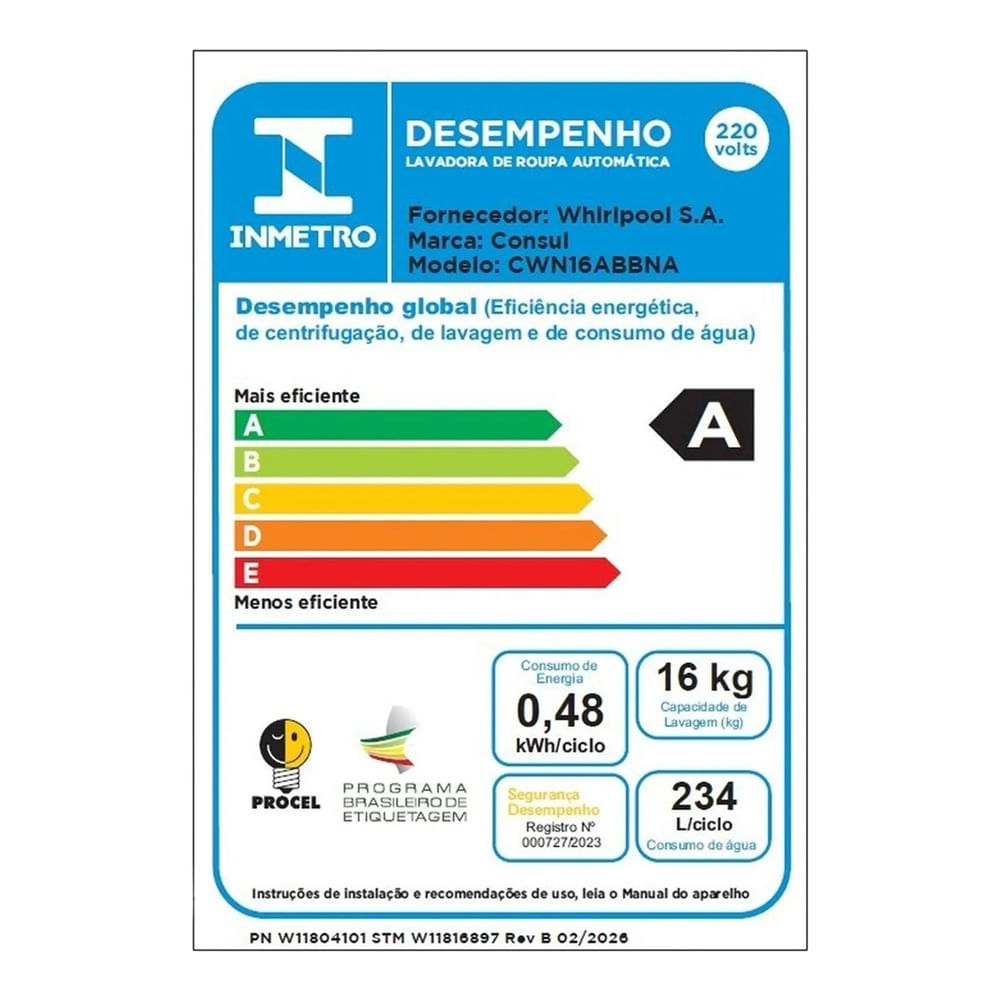 Lavadora de Roupas Consul 16Kg com Modo Eco Branca CWN16AB - 220 Volts